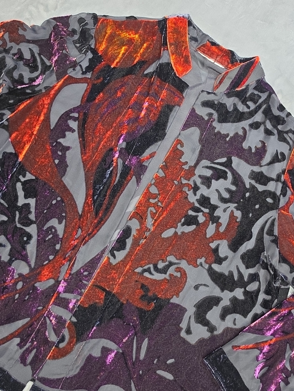 Chico's Sheer Velvet Burnout Kimono Blouse — Red, Purple & Black L